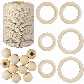 DIY Home Decorations Makings, with Round Cotton Twist Threads Cords, Round Unfinished Wood Beads and Unfinished Wood Linking Rings, PapayaWhip