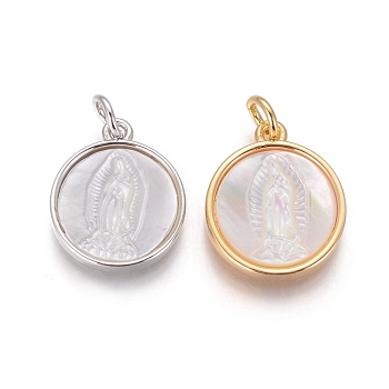 Brass Pendants, with Shell and Jump Ring, Flat Round with Virgin Mary, Mixed Color, 16x14x3mm, Hole: 3mm
