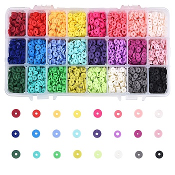 5616pcs, 24 Colors Flat Round Handmade Polymer Clay Beads, Disc Heishi Beads for Hawaiian Earring Bracelet Necklace Jewelry Making, Mixed Color, 6x1mm, Hole: 2mm, about 234pcs/color