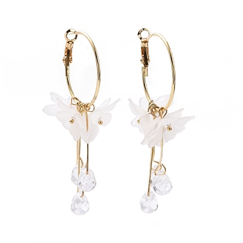 Acrylic Imitation Shell Flower with Glass Tassel Dangle Hoop Earrings with 925 Sterling Silver Pins, Iron Jewelry for Women, Clear, 69mm, Pin: 0.7mm