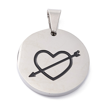 Valentine's Day 304 Stainless Steel Pendants, with Enamel, Polishing, Flat Round with An arrow through a heart, Stainless Steel Color, 25x3mm, Hole: 7.5x5mm