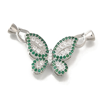 Rack Plating Brass Micro Pave Cubic Zirconia Fold Over Clasp, Lead Free & Cadmium Free, Long-Lasting Plated, Butterfly, Platinum, Sea Green, 40mm