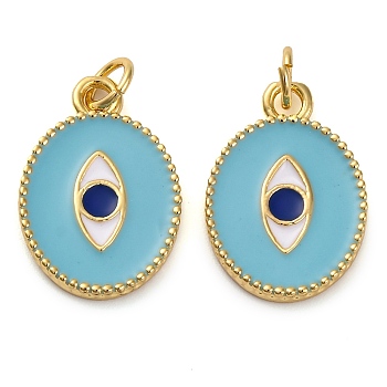 Brass Enamel Pendants, with Jump Ring, Real 18K Gold Plated, Oval with Eye Charm, Turquoise, 18.5x13x1.8mm, Hole: 3.4mm