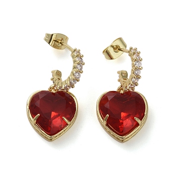 Cubic Zirconia Heart Dangle Stud Earrings, Real 16K Gold Plated Brass Half Hoop Earrings, Dark Red, 27.5x13.5mm