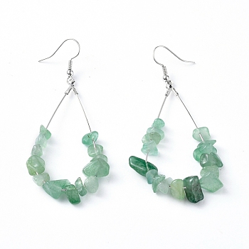 Dangle Earrings, with Natural Green Aventurine Chips, Platinum Plated Brass Earring Hooks and teardrop, Pendants, 71~75mm, Pendant: 53.5~59mm, Pin: 0.5mm