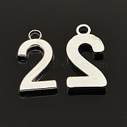 Rack Plated Zinc Alloy Number Charms, Lead Free & Cadmium Free & Nickel Free, Silver Metal Color, Num.2, 18x6~10x2mm, Hole: 2mm(PALLOY-A062-2S-NR)