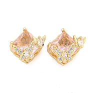 Rack Plating Brass Micro Pave Clear Cubic Zirconia Beads, Long-Lasting Plated, Lead Free & Cadmium Free, Rhombus with Butterfly, Real 14K Gold Plated, Pink, 12x11x9mm, Hole: 1.8mm(KK-F089-35G-02)