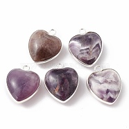 Natural Amethyst Pendants, with Silver Color Plated Brass Findings, Heart Charms, 18~19x15~17x7~10mm, Hole: 2mm(G-C005-01S-16)