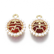 Brass Charms, with ABS Plastic Imitation Pearl and Glass, Nickel Free, Flat Round, Red, Real 18K Gold Plated, 12x10x4mm, Hole: 1.3mm(KK-S348-563-NF)