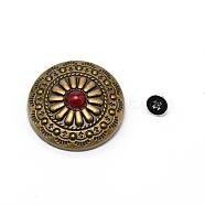 1-Hole Alloy & Turquoise Buttons, Flat Round with Chrysanthemum Pattern, for DIY Luggage and Hardware Accessaries, Cerise, 30x8.8~9.3mm, Hole: 2.5mm(PALLOY-WH0092-09L-AB)