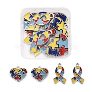 8Pcs 2 Style Enamel Alloy Pendants, Ribbon & Heart, with Puzzle Autism Symbol, Colorful, Platinum, 19~24.5x15~20.5x1.5~2mm, Hole: 1.6~2.4mm, 4pcs/Style(ENAM-LS0001-09P)