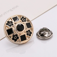 Plastic Brooch, Alloy Pin, with Rhinestone, Enamel, for Garment Accessories, Round with Flower & Square, Black, 21mm(SENE-PW0013-07B-11A)