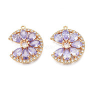 Brass Micro Pave Cubic Zirconia Pendants, Real 18K Gold Plated, Flower, Lilac, 21.5x18x4mm, Hole: 1mm(KK-N231-295)