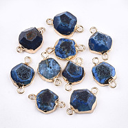 Electroplate Natural Agate Links connectors, with Brass Findings, Dyed, Faceted, Golden, Royal Blue, 16~20x9~12x4~8mm, Hole: 2mm(G-T112-05D)