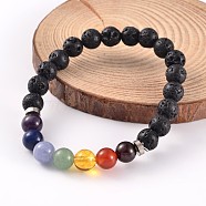 Natural Lava Rock Beaded Stretch Bracelets, with Gemstone Beads and Brass Findings, Platinum, 58mm(BJEW-JB02184-05)