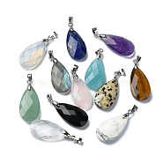 Faceted Natural & Synthetic Mixed Gemstone Pendants, Teardrop Charms with Platinum Plated Iron Snap on Bails, 25x13x6mm, Hole: 5x3.5mm(G-P519-06P)