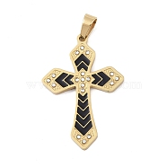 Ion Plating(IP) 304 Stainless Steel Enamel Rhinestone Pendants, Cross Charms, Real 18K Gold Plated, 38.5x26.5x2.5mm, Hole: 6x4mm(STAS-Q325-05D-G)