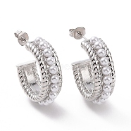 ABS Plastic Pearl Beaded C-shape Stud Earrings, Brass Half Hoop Earrings for Women, Platinum, 25.5x25x8mm, Pin: 0.8mm(EJEW-G339-04P)