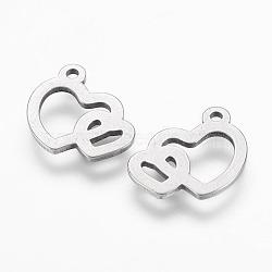 304 Stainless Steel Charms, Heart to Heart, Stainless Steel Color, 11.5x10x1mm, Hole: 1mm(STAS-L191-10P)