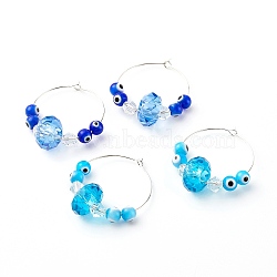 Brass Hoop Earring Sets, with Evil Eye Lampwork Beads and Glass Beads, Platinum, Mixed Color, 39mm, Pin: 0.7mm, 2 pairs/set(EJEW-JE04541)
