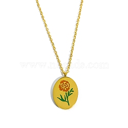 Birth Month Flower Style Titanium Steel Oval Pendant Necklace, Golden, October Marigold, 15.75 inch(40cm)(PW-WG38206-10)