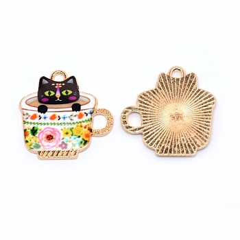 Japanese Style Print Alloy Enamel Pendants, Cup with Cat, Cadmium Free & Lead Free, Golden, White, 22.7x22.5x1.8mm, Hole: 1.8mm