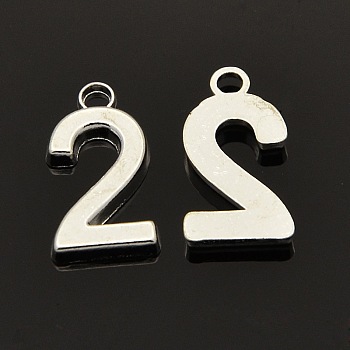 Rack Plated Zinc Alloy Number Charms, Lead Free & Cadmium Free & Nickel Free, Silver Metal Color, Num.2, 18x6~10x2mm, Hole: 2mm