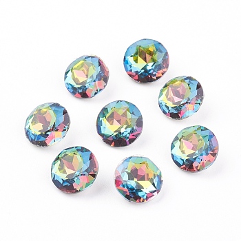 Pointed Back & Back Plated Glass Rhinestone Cabochons, Grade A, Faceted, Flat Round, Vitrail Medium, 10x5mm