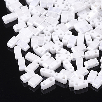 2-Hole Opaque Glass Seed Beads, Lustered, Rectangle, White, 4.5~5.5x2x2~2.5mm, Hole: 0.5~0.8mm