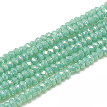 Electroplate Opaque Solid Color Glass Beads Strands, Faceted, Rondelle, Turquoise, 2.5x1.5mm, Hole: 0.8mm, about 160~165pcs/strand, 13.78 inch~14.17 inch(35~36cm)