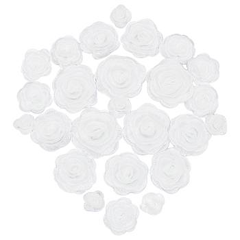 WADORN 26Pcs 4 Style 3D Computerized Embroidery Polyester Ornament Accessories, Rose Flower Appliques, White, 26~57x30~60x11~17.5mm