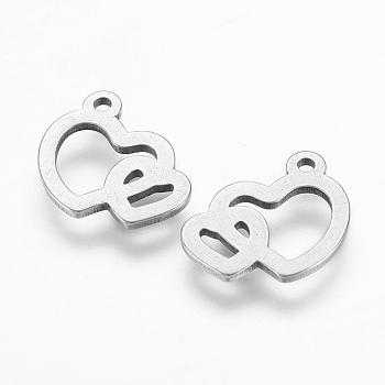 304 Stainless Steel Charms, Heart to Heart, Stainless Steel Color, 11.5x10x1mm, Hole: 1mm