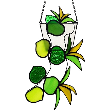 Plant Acrylic Leaf Window Hanging Decorations, with Iron Chains and Hook, for Home Garden Decor, Green, 237x112mm
