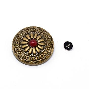 1-Hole Alloy & Turquoise Buttons, Flat Round with Chrysanthemum Pattern, for DIY Luggage and Hardware Accessaries, Cerise, 30x8.8~9.3mm, Hole: 2.5mm