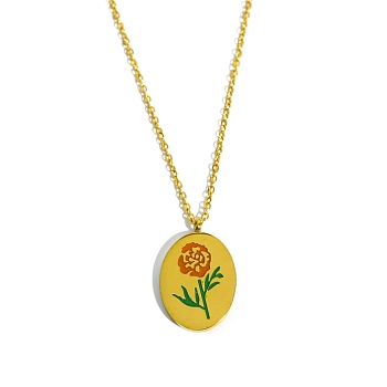 Birth Month Flower Style Titanium Steel Oval Pendant Necklace, Golden, October Marigold, 15.75 inch(40cm)