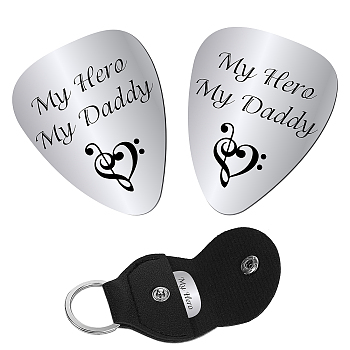 201 Stainless Steel Guitar Picks, with PU Leather Guitar Clip, Plectrum Guitar Accessories, for Father's Day, Heart Pattern, Picks: 32x26x1mm, 2pcs, Clip: 115x47x1.3mm, Inner Diameter: 24mm, 1pc