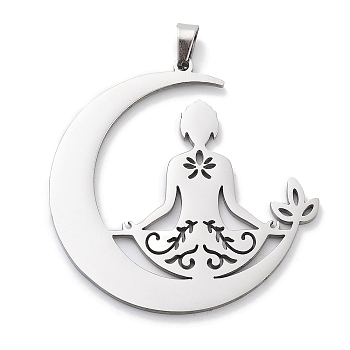 Anti-Tarnish 304 Stainless Steel Pendants, Laser Cut, Moon with Lotus Yoga Charm, Stainless Steel Color, 38x38x1mm, Hole: 4.5x2.5mm