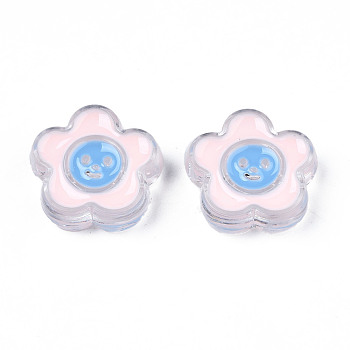 Transparent Acrylic Beads, with Enamel, Flower with Smiling Face, Pink, 25.5x26.5x9.5mm, Hole: 3mm