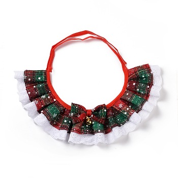 Cloth Pet's Christmas Lace Bandanas, Xmas Dog Cat Tartan Pattern Collar Bibs, with Brass Bells, Colorful, 910x10.5mm
