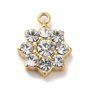 304 Stainless Steel with Crystal Glass Rhinestone Charms, Flower Charms, Real 14K Gold Plated, 12x10x3.5mm, Hole: 1.4mm