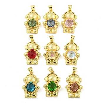 Rack Plating Brass Pendants, with Glass, Long-Lasting Plated, Cadmium Free & Lead Free, Spaceman Charms, Mixed Color, 25x16x7mm, Hole: 4x3.5mm