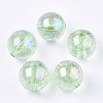 Transparent Acrylic Beads, with Glitter Powder, Glitter Beads, Round, Pale Green, 19~19.5x19mm, Hole: 2.5mm, about 110pcs/500g