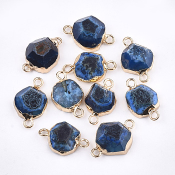 Electroplate Natural Agate Links connectors, with Brass Findings, Dyed, Faceted, Golden, Royal Blue, 16~20x9~12x4~8mm, Hole: 2mm