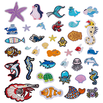 38Pcs Ocean Theme Polyester Computerized Embroidery Iron On/Sew On Patches, Chenille Appliques, Mixed Shapes, Mixed Color, 16~98x24~124x1.5~2mm