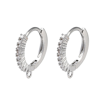 Brass Micro Pave Cubic Zirconia Hoop Earrings Findings, Ring, Real Platinum Plated, 13.5x12.5x1.5mm, Hole: 1mm, Pin: 0.7mm