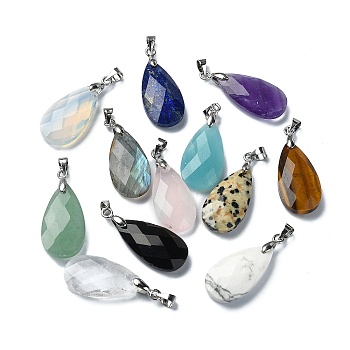 Faceted Natural & Synthetic Mixed Gemstone Pendants, Teardrop Charms with Platinum Plated Iron Snap on Bails, 25x13x6mm, Hole: 5x3.5mm
