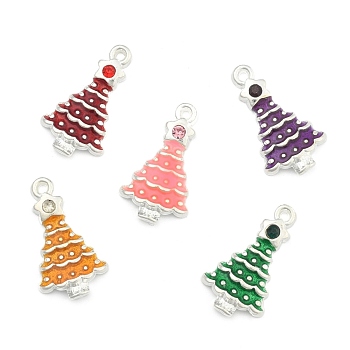 Alloy Enamel Pendants, Cadmium Free & Lead Free, with Rhinestones, Christmas Tree, Mixed Color, Silver Color Plated, about 21mm long, 12mm wide, 4mm thick, hole: 1.5mm
