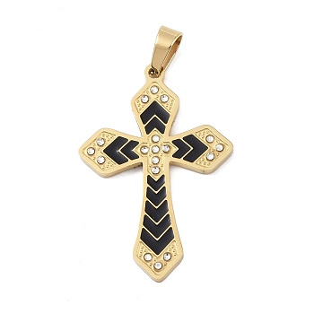 Ion Plating(IP) 304 Stainless Steel Enamel Rhinestone Pendants, Cross Charms, Real 18K Gold Plated, 38.5x26.5x2.5mm, Hole: 6x4mm