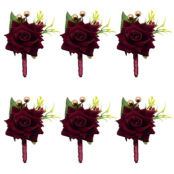 Silk Brooch, with Plastic Imitation Flower, for Wedding, Party Decorations, Rose, Dark Red, 109x78x45mm, Pin: 0.7mm