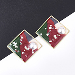 Epoxy Resin Pendants, with ABS Plastic Imitation Pearl and Shell, Brass Findings and Enamel, Rhombus, Golden, Dark Red, 41.5x41.5x5.5~6mm, Hole: 1.2mm(X-RESI-S365-47B)
